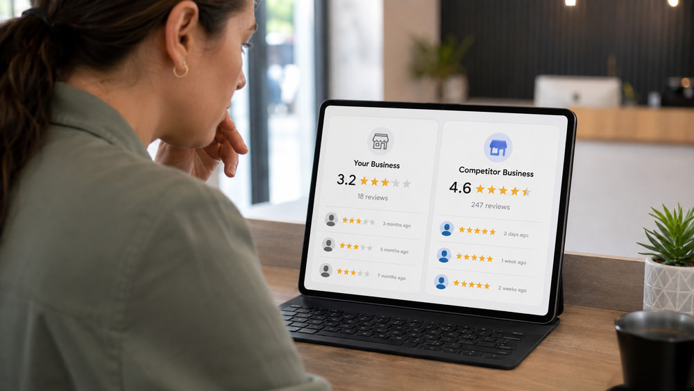 Business owner looking at a laptop comparing their Google review profile with a competitor that has more reviews