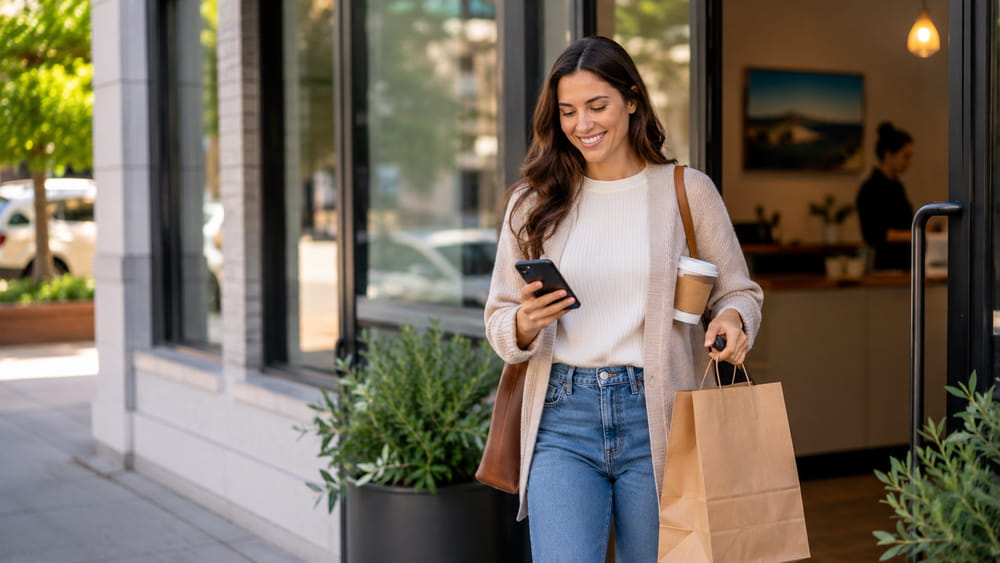 Happy customer walking out of a local business while looking at her phone after a positive experience