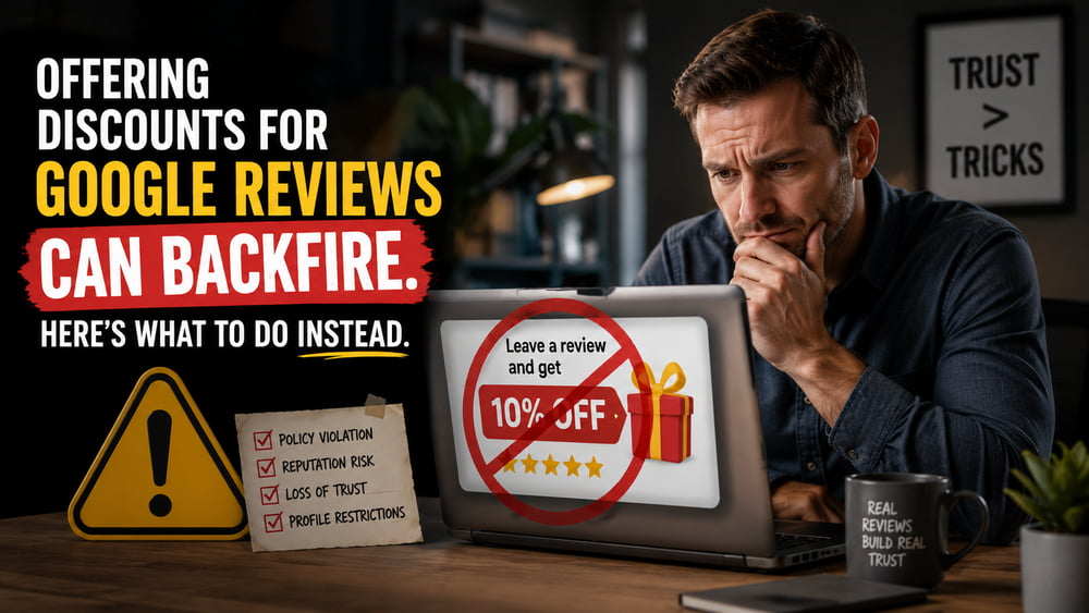 Business owner looking concerned about offering a discount in exchange for Google reviews