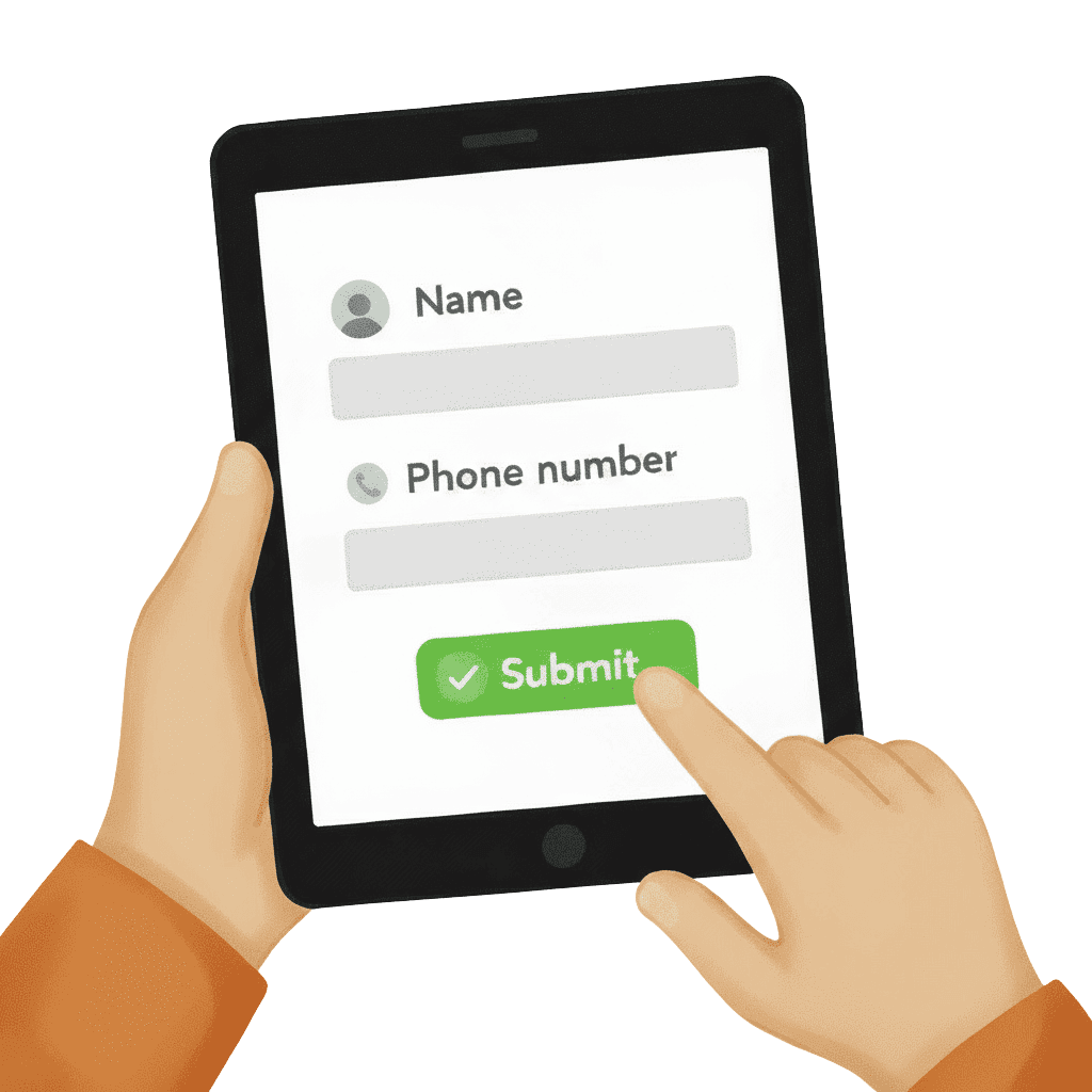 A customer entering their name and phone number on a tablet