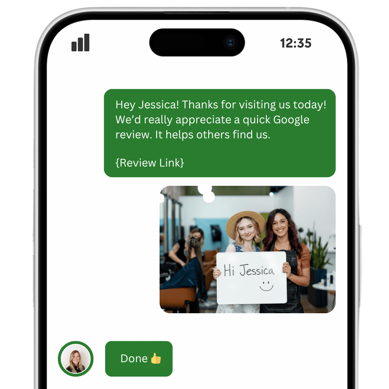 A personalized review request with a team photo and the customer’s name